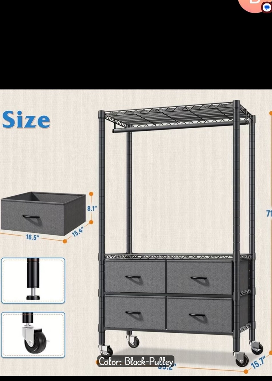 Black Metal Storage Rack with 4 Gray Fabric Drawers and Casters